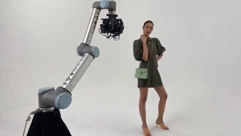 robotic-activations-ra-about-us-robotic-arm-universal-robots-glam-bot-philippines-in-action-bulgari-bvlgari-robot-woman-green-dress-and-green-purse-studio-shoot-with-robot-camera